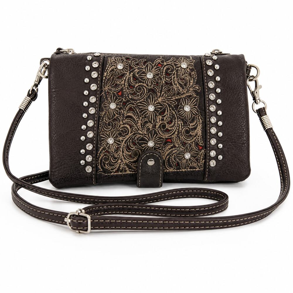 Western Floral Rhinestone Organizer Crossbody Wallet Purse American Bling 8x5